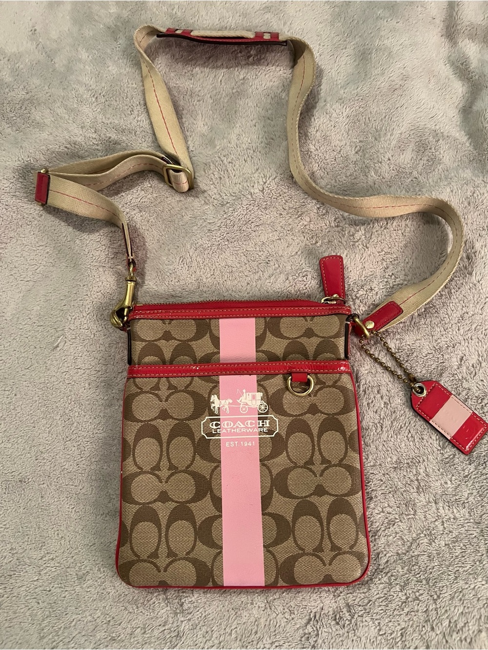 Coach Signature Crossbody with Pink and Tan Stripe